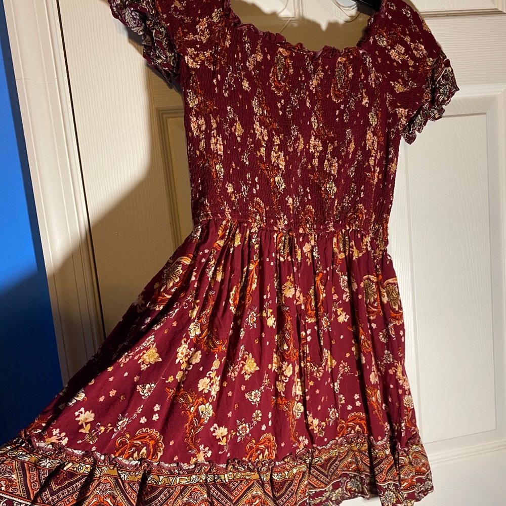 burgundy off shoulder mini dress